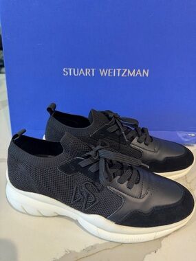 Stuart Weitzman Black Knit and Leather Lace-Up Sneakers with White Sole 10